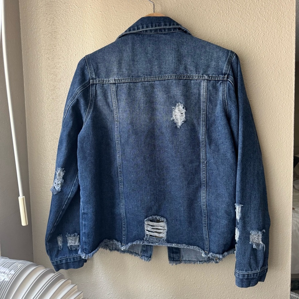 Jean Jacket - Ripped Distressed Fringe Denim Jacket with Pockets - Size L - Picture 6 of 6